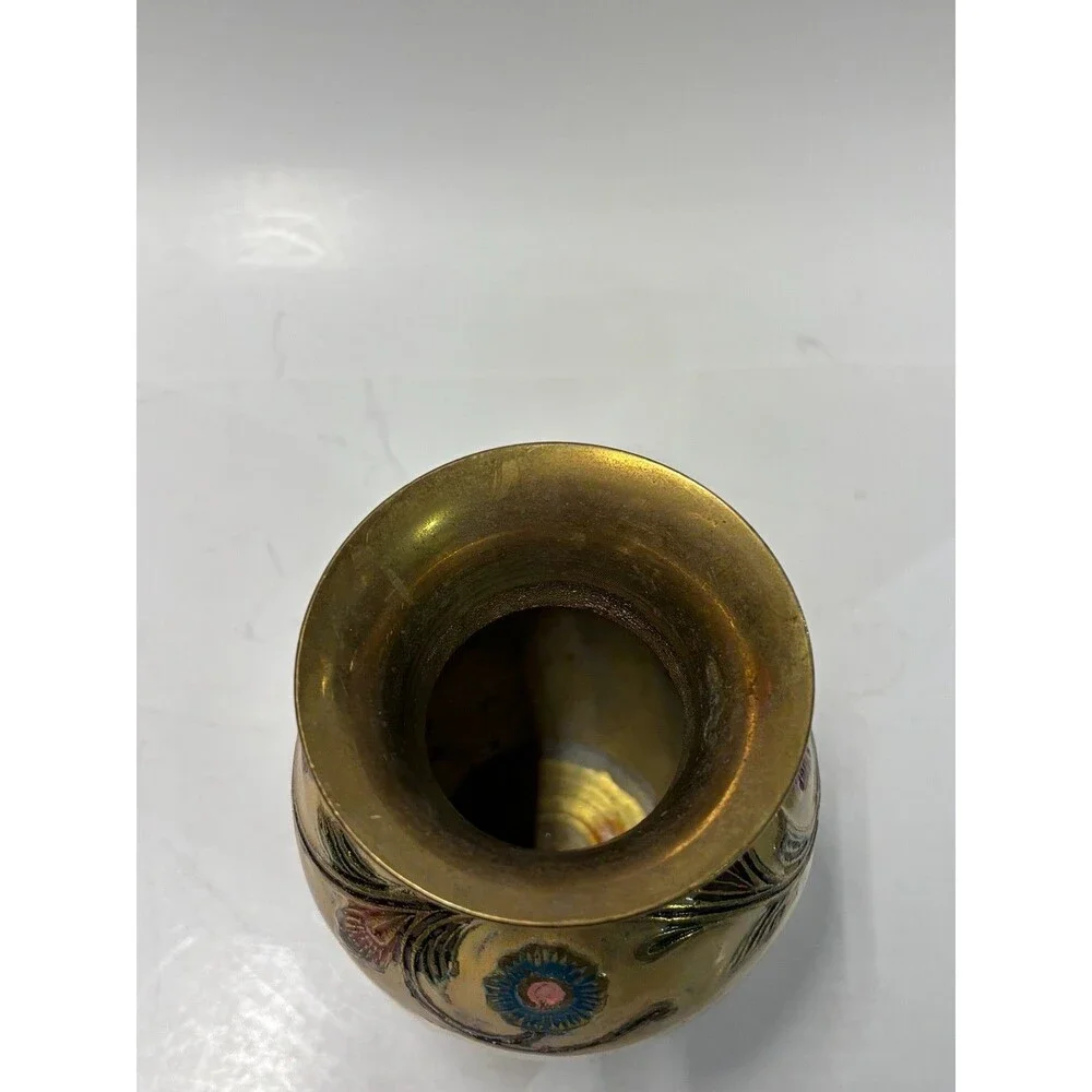 Vintage Brass Enamel Floral Vase Hand Painted India Etched Gold Tone 5